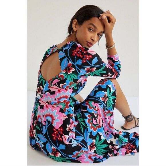 NEW Anthropologe Maeve Ruched V-Neck Black Floral High-Low Maxi Dress Size 14 - Picture 9 of 10